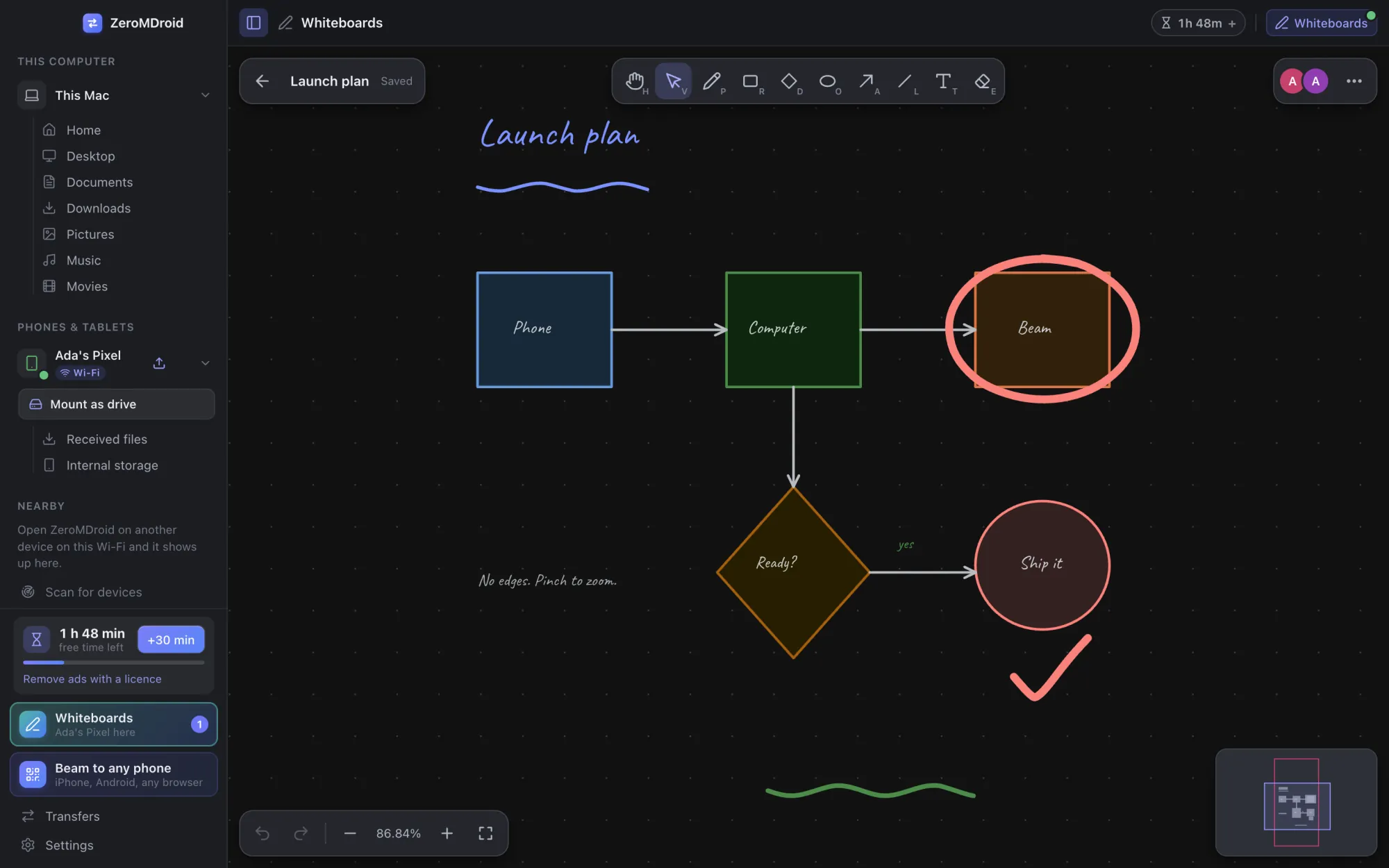 A shared whiteboard in the ZeroMDroid app