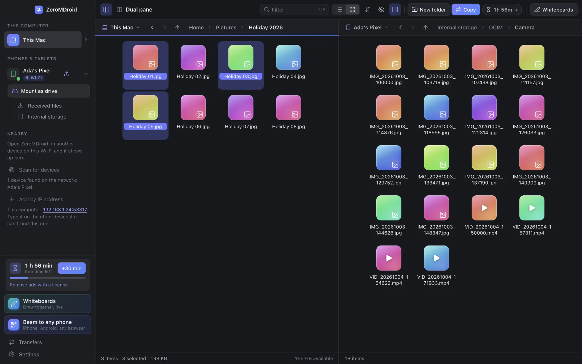 Two panes in the ZeroMDroid app