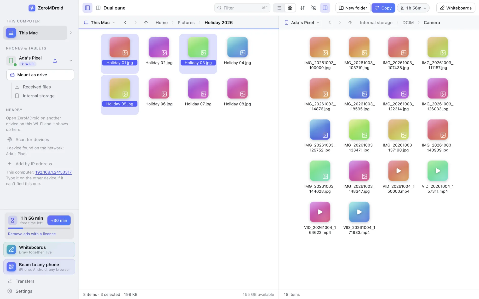 Two panes in the ZeroMDroid app