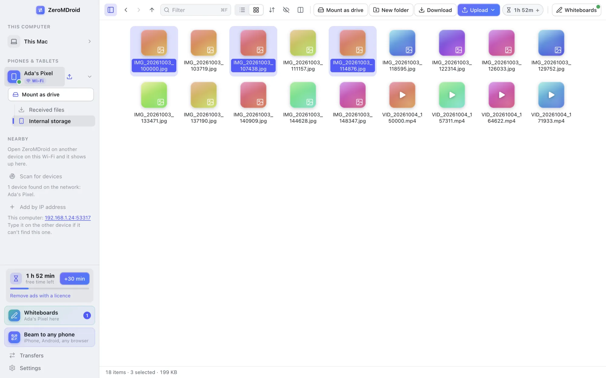 The ZeroMDroid app on a computer, showing the folders of a connected phone
