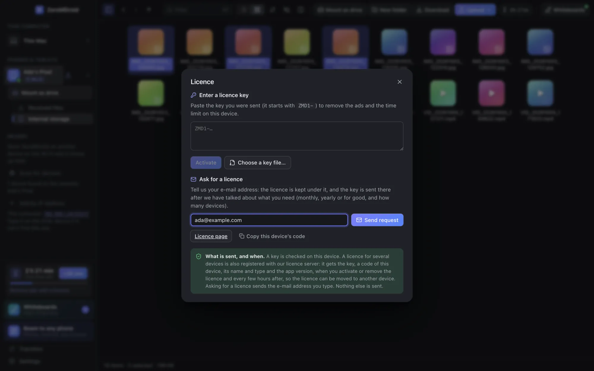 The licence dialog of the ZeroMDroid app