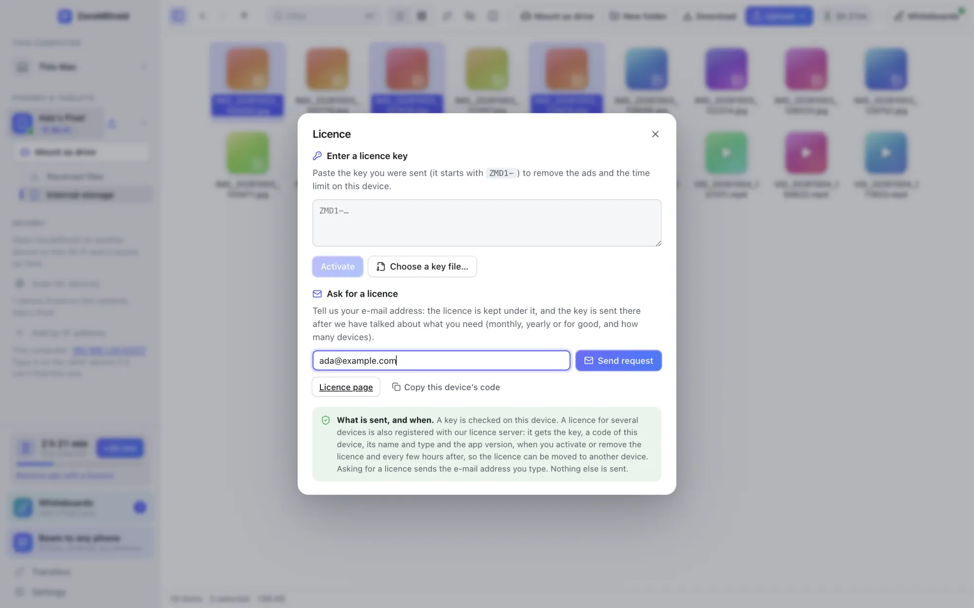 The licence dialog of the ZeroMDroid app