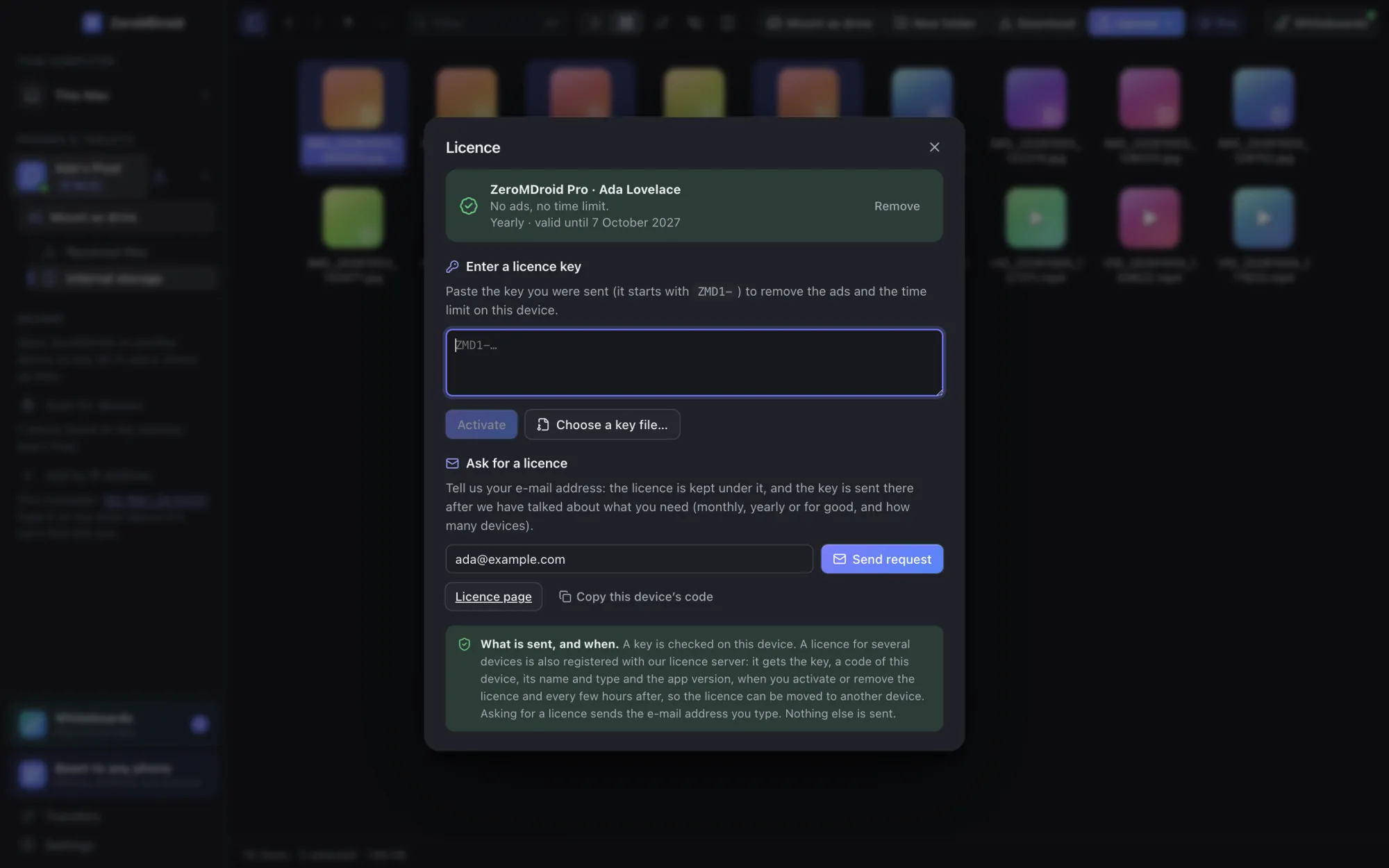 The licence dialog with an active ZeroMDroid Pro licence