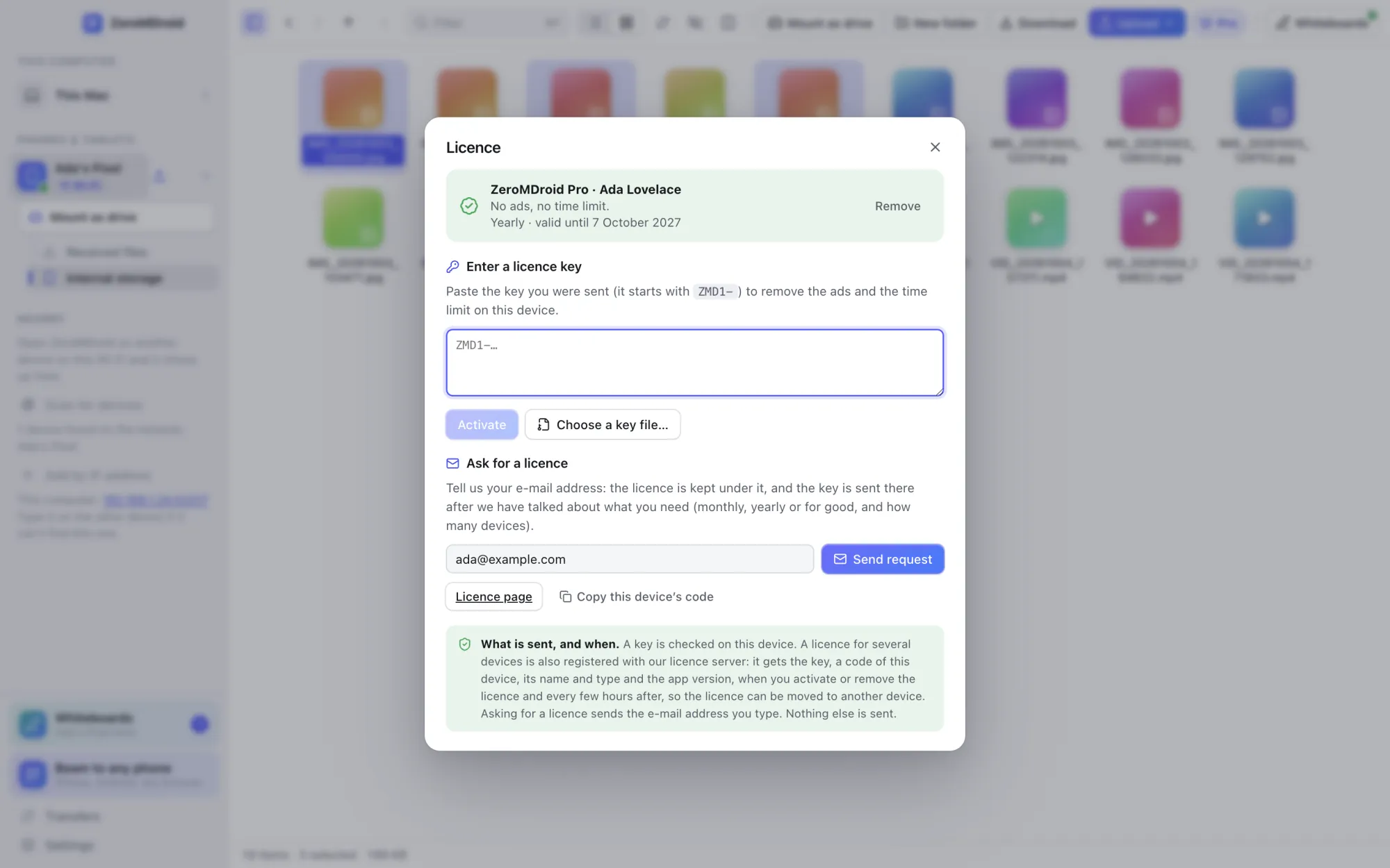 The licence dialog with an active ZeroMDroid Pro licence