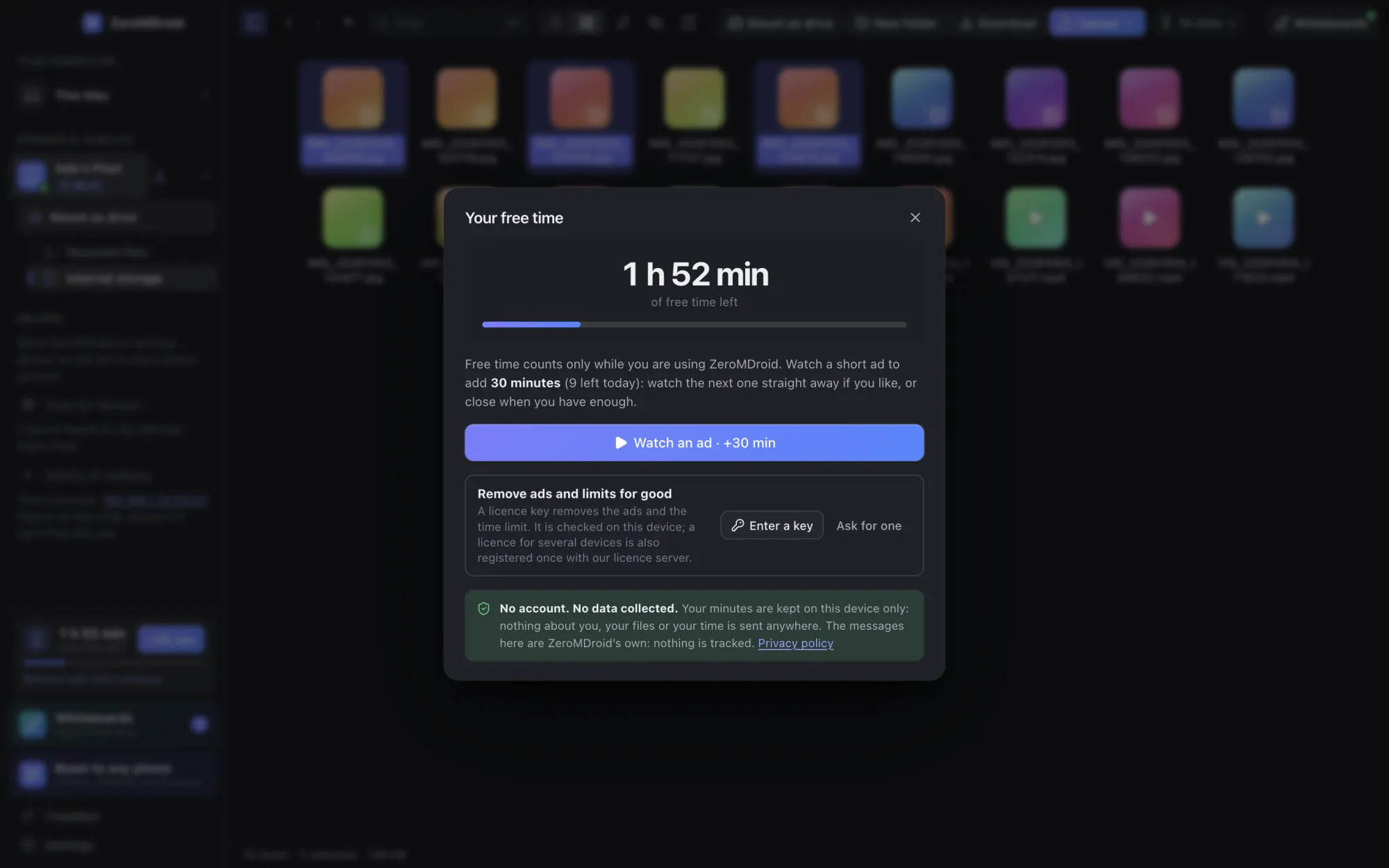 The free time dialog of the ZeroMDroid app on a computer