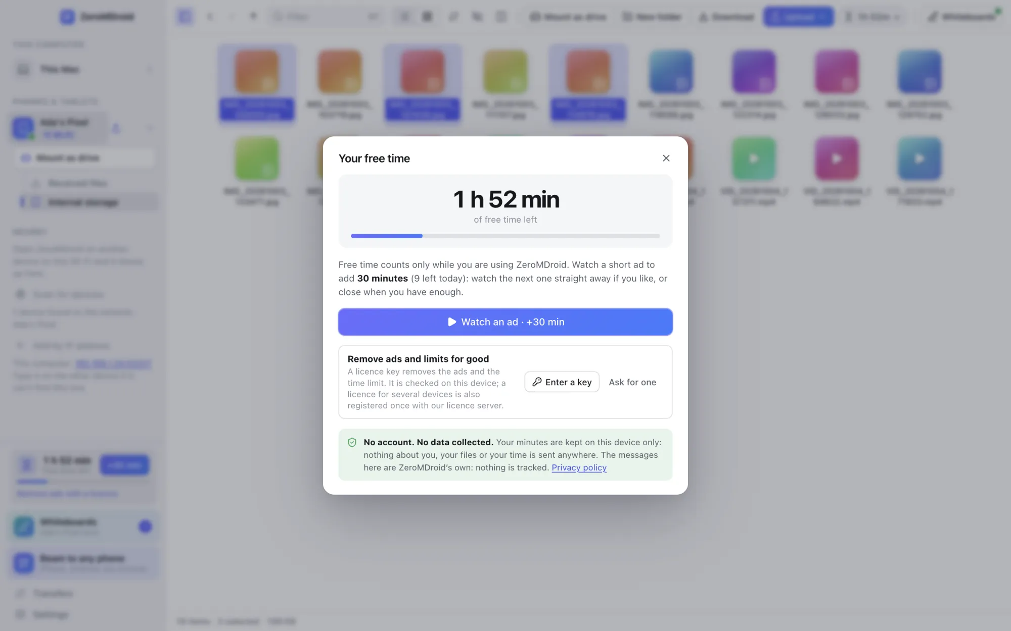 The free time dialog of the ZeroMDroid app on a computer