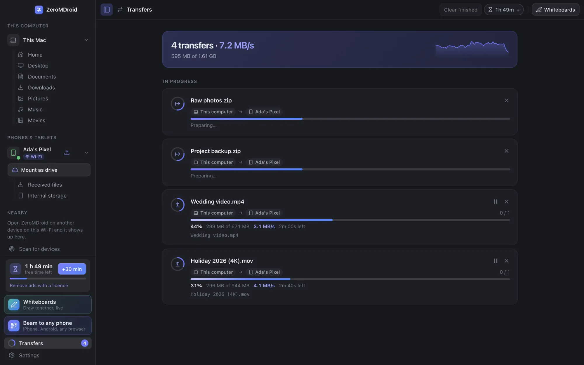 Transfers in progress in the ZeroMDroid app