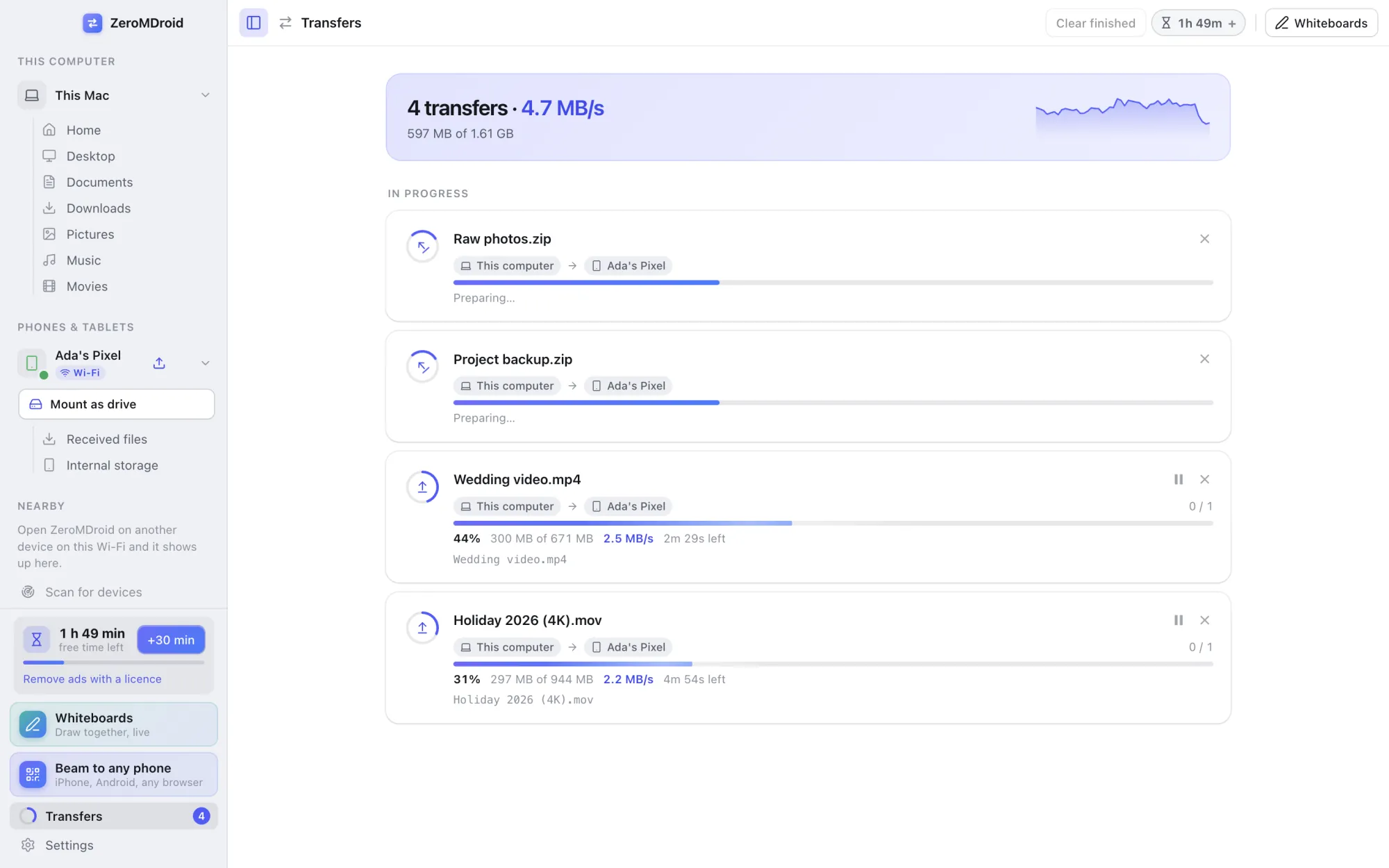 Transfers in progress in the ZeroMDroid app