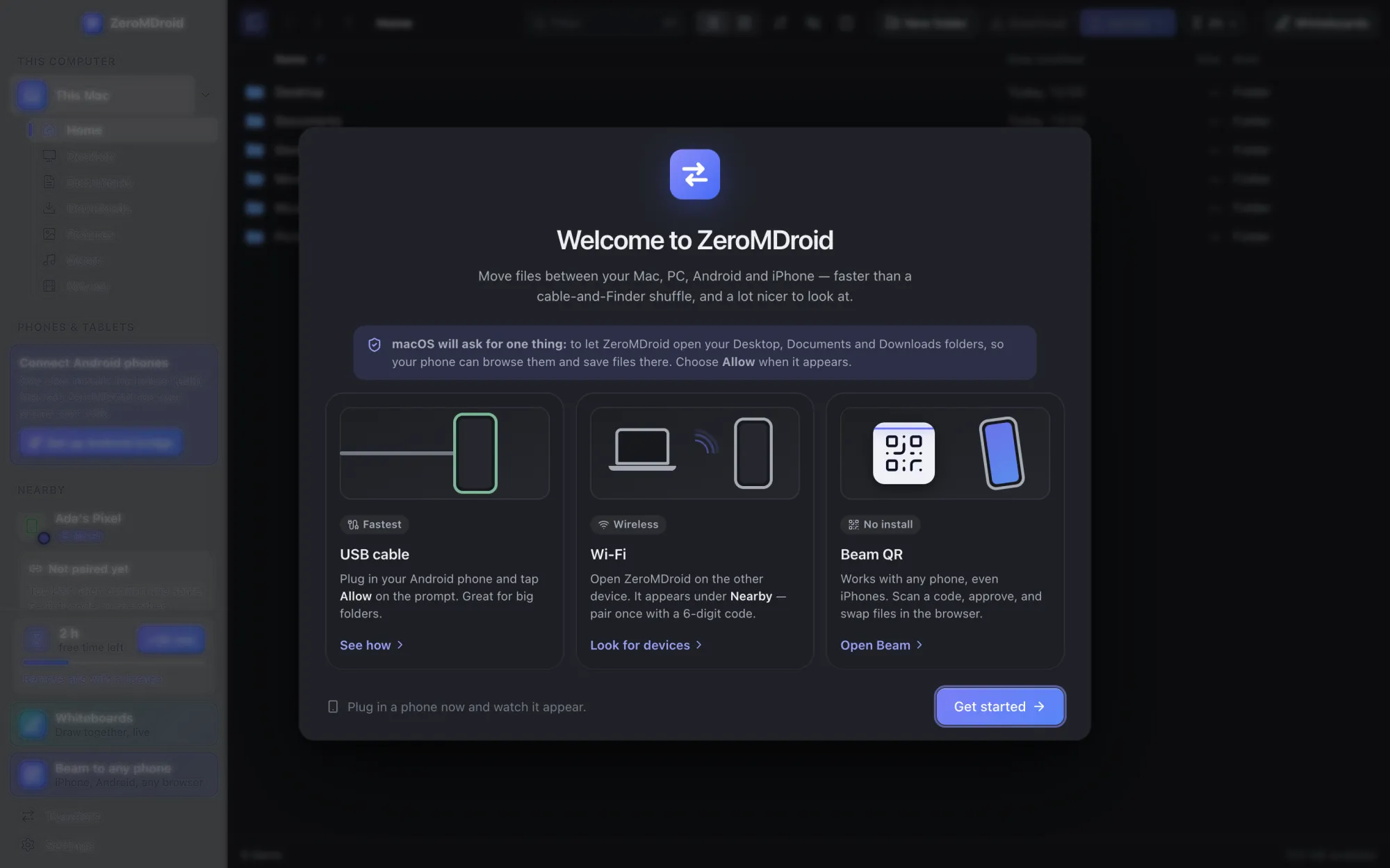 The welcome screen of the ZeroMDroid app