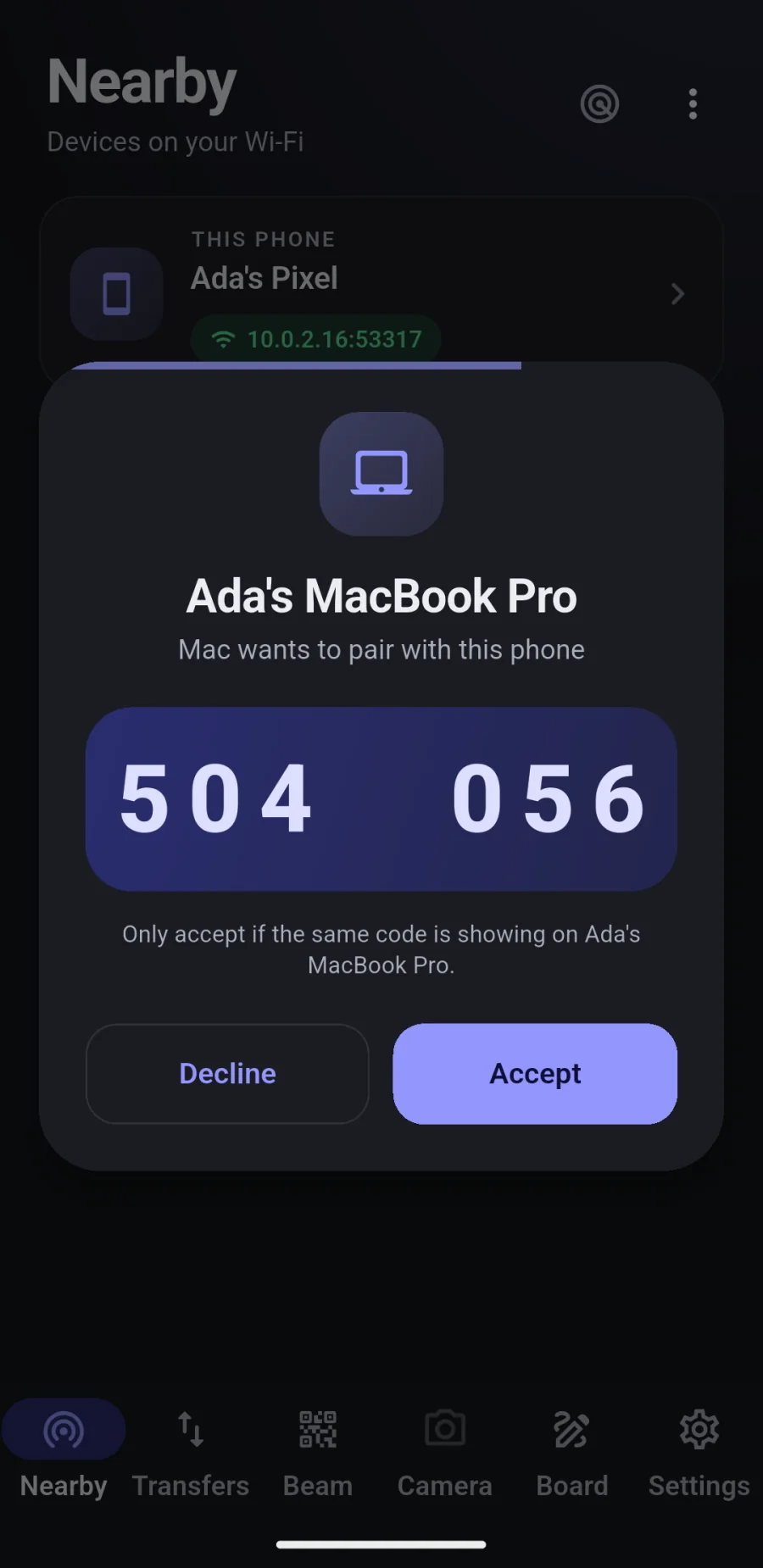 The same pairing code on the phone