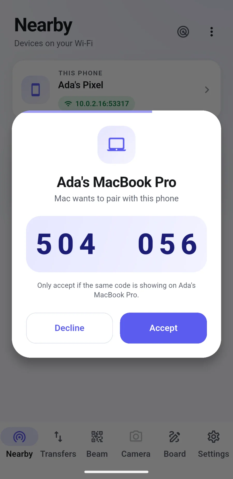 The same pairing code on the phone