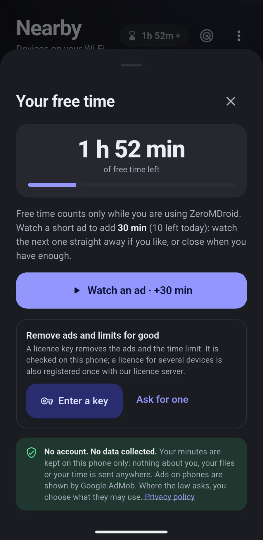 The free time sheet of the ZeroMDroid app on a phone