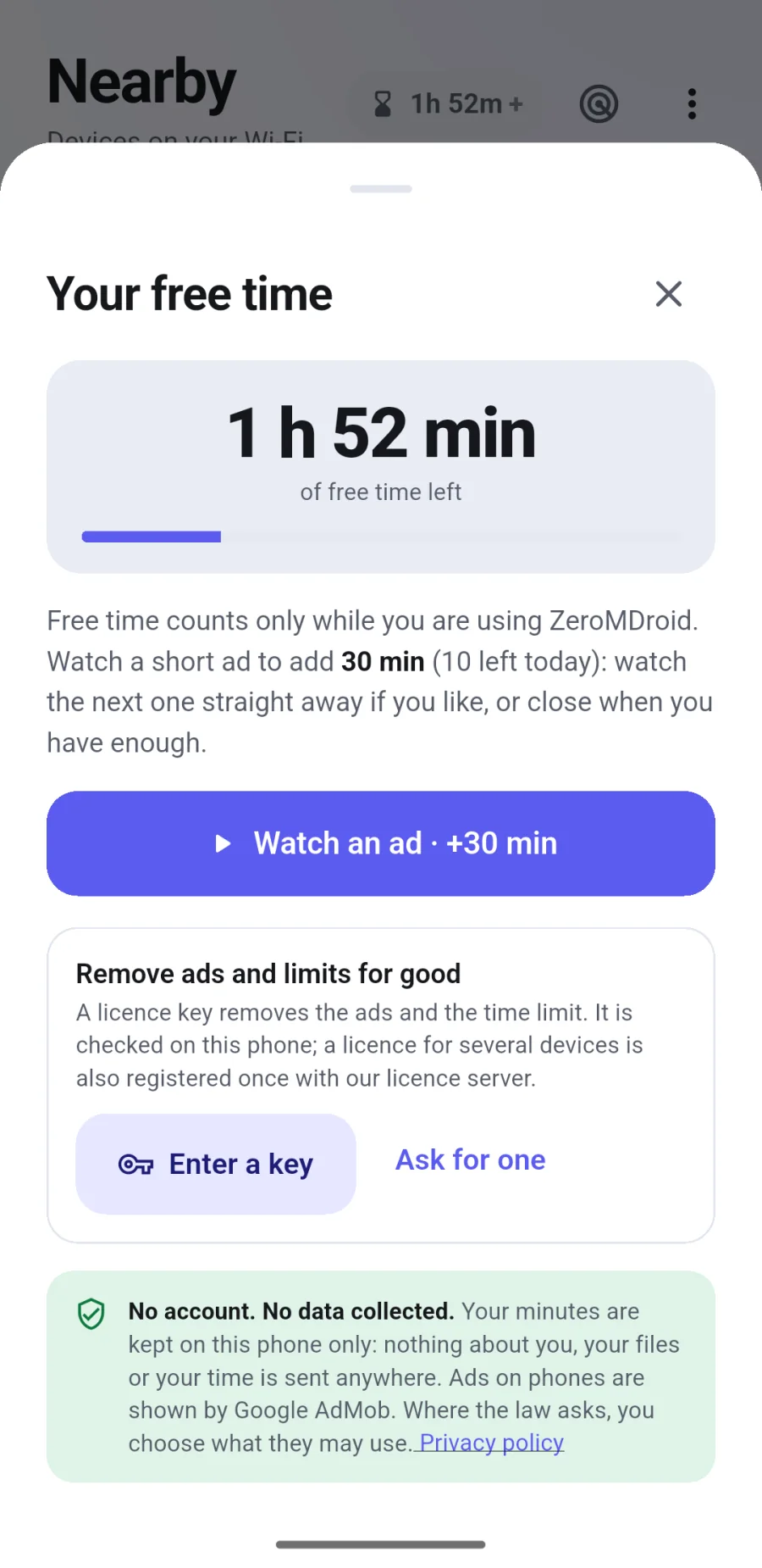 The free time sheet of the ZeroMDroid app on a phone